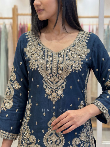 Nirali Teal Blue Dhoti Pant Suit Set with Detailed Embroidery