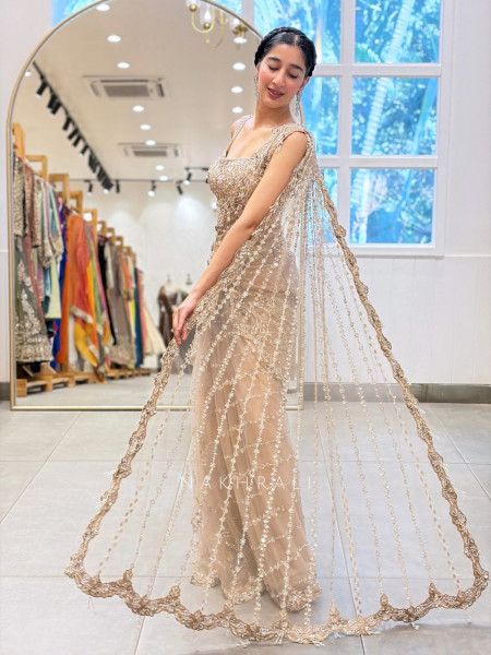 Chantilly Pearl Beige Corset Drape Saree