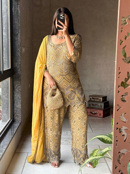 Nayra Mustard Suit Set with Cut Dana & Bead Work