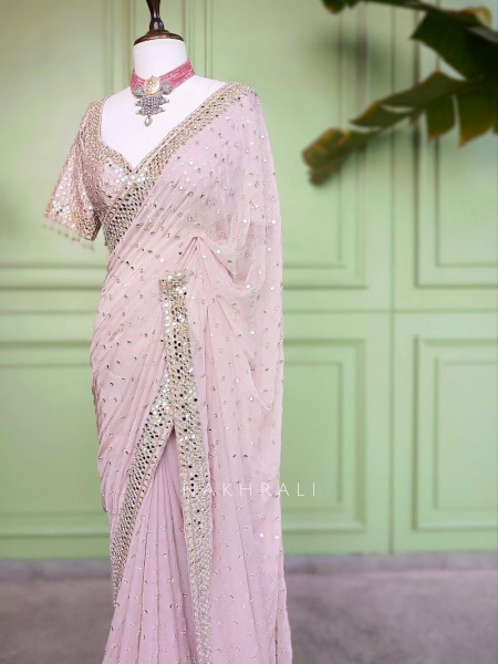 Liora Light Pink Georgette Saree Mirror Work