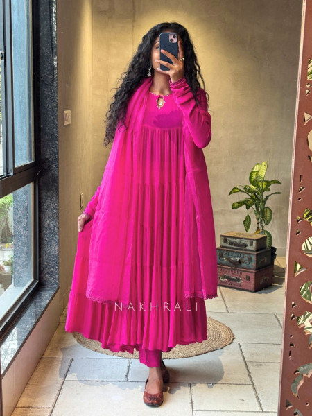 Calira Magenta Cotton Anarkali Suit Set with Organza Dupatta