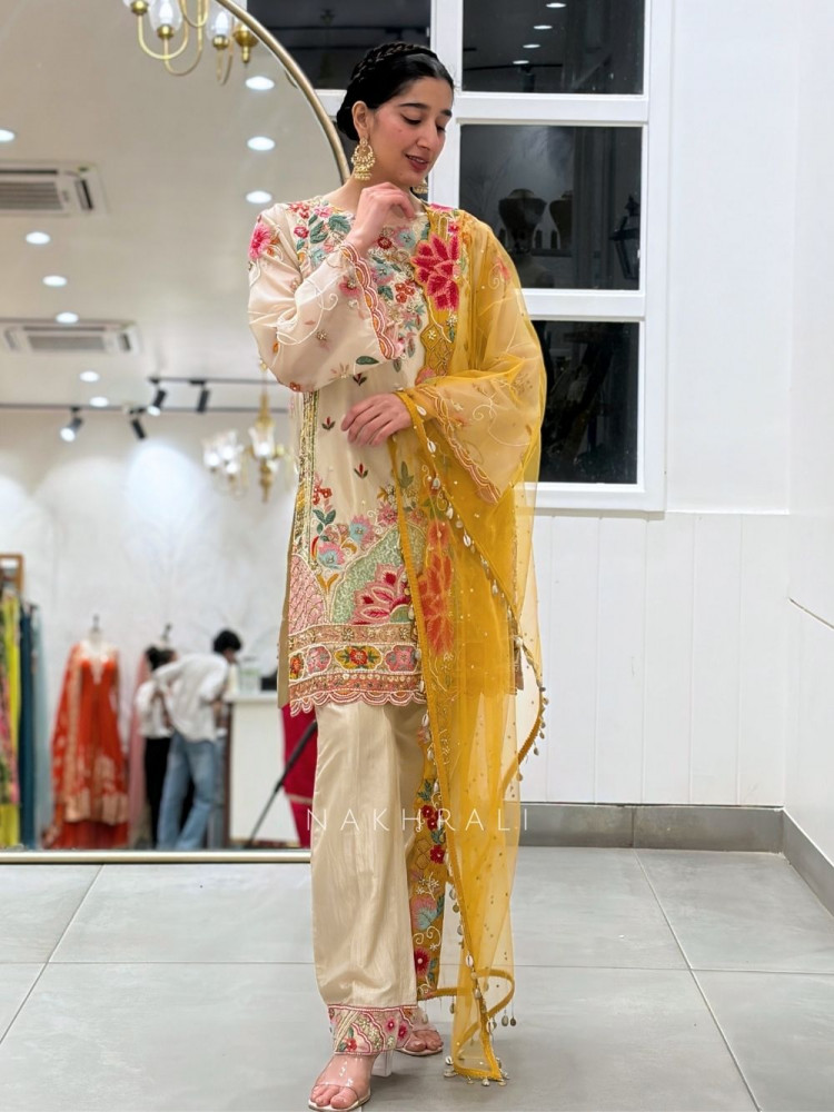 Image of Fiesta Flora Cream Suit Set With Multicolor Floral Embroidery
