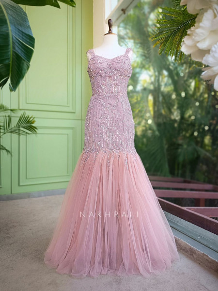 Roselle Pink Net Mermaid Gown with Sequin Work