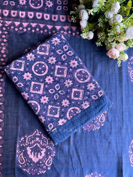 Rivana Blue Printed Dress Material with Handcrafted Motif Work