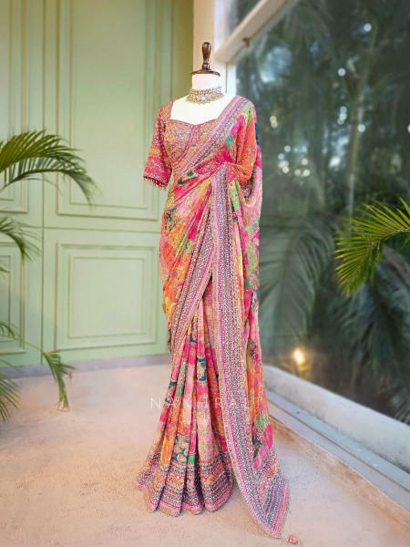 Tamaswini Orange Crepe Saree with Stone, Zari & Sequin Work