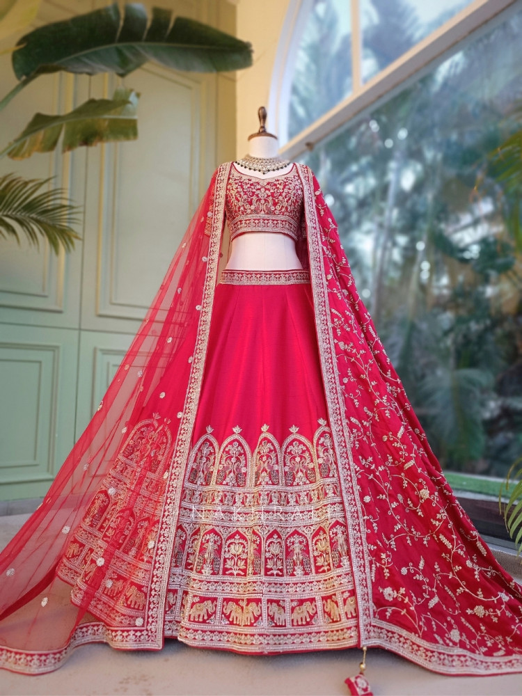 Image of Kritisha Crimson Red Raw Silk, Silk Organza &amp; Tulle Net Bridal Lehenga Set