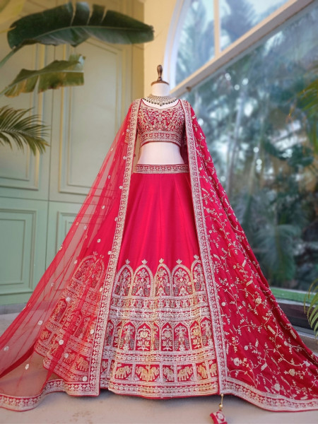Kritisha Crimson Red Raw Silk, Silk Organza & Tulle Net Bridal Lehenga Set