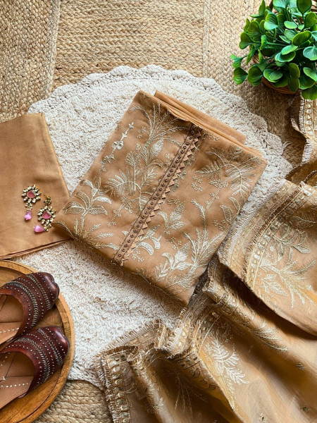 Noorja Brown Designer Suit Set with Intricate Golden Embroidery