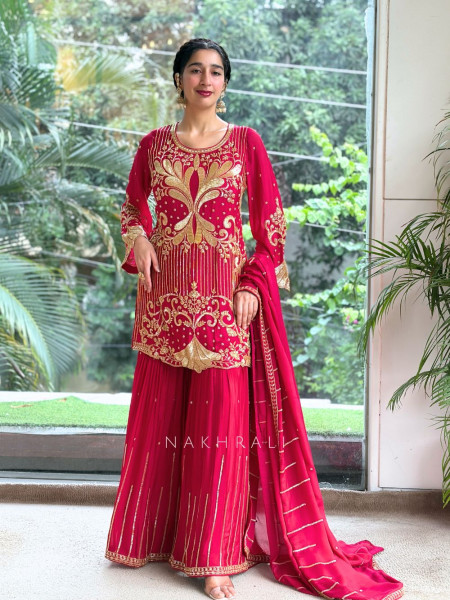 Begum’s Grace Magenta Georgette Sharara Suit Set
