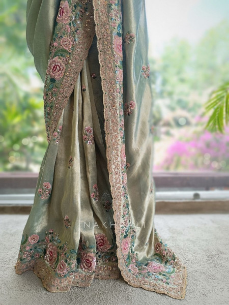 Siya Pista Green Floral Embroidered Saree with Readymade Blouse