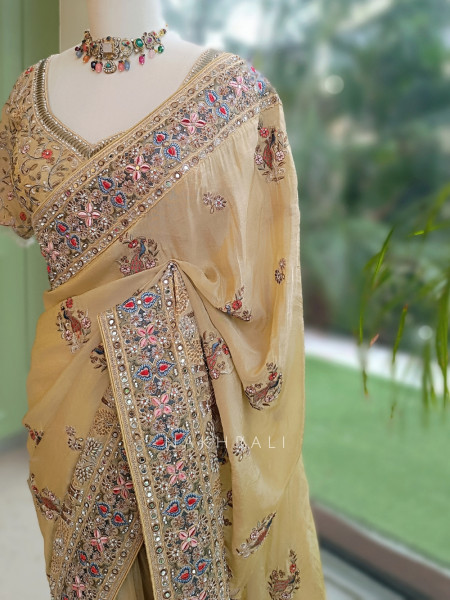 Kanika Golden Georgette Designer Saree with Readymade Blouse