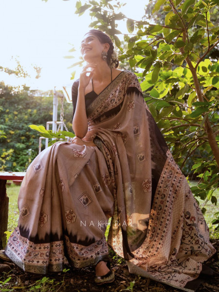 Taruja Beige Silk Saree with Traditional Print