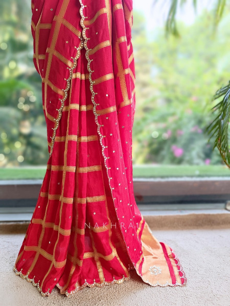 Asmi Red Chinon Silk Zari Check Saree