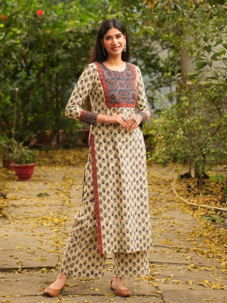 Yasmin Beige Cotton Kurta Pant Set with Sequin Work