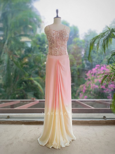 Solstice Dual Shade Pink Crop Top Drape Skirt Set with Cape