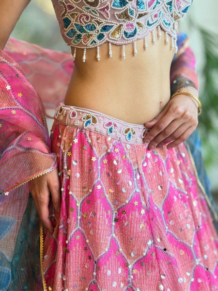 Azmira Blue Pink Floral Lehenga Set with Sequin and Bead Work