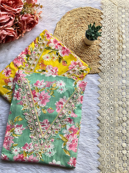 Vasvi Yellow Cotton Floral Dress Material