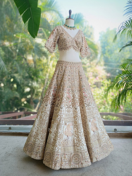 Elara Beige Bridal Indo Western Lehenga with Thread, Stone and Sequin Embroidery