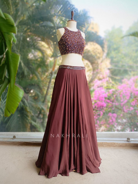 Brivaan Brown Lehenga Set with Beads and Sequin Work