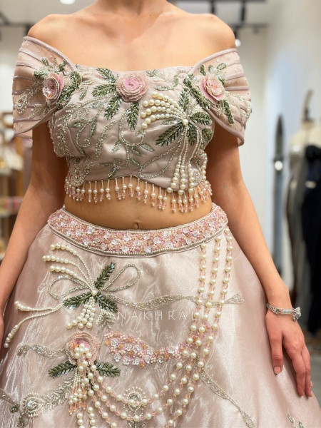 Rosamund Light Pink Tissue Silk Blend Indo Western Lehenga  With 3D Floral Pearl Embroidery