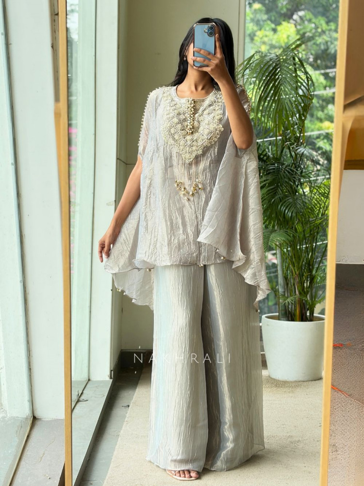Image of Nysa Grey Kaftan Set – Pearl &amp; Sequin Yoke