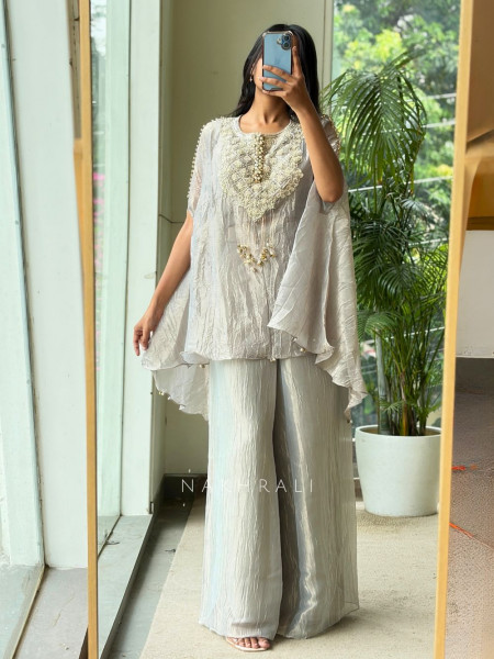 Nysa Grey Kaftan Set – Pearl & Sequin Yoke