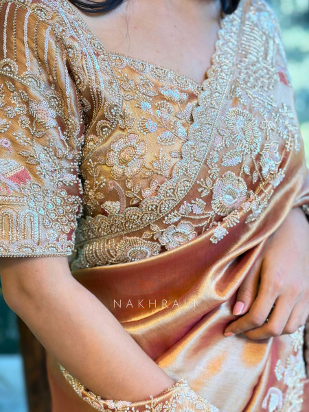 Radiant Caramel Gold Saree with Zardozi Work