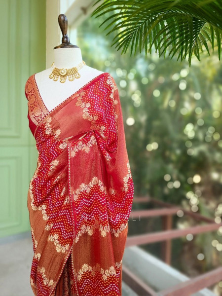 Morvyn Red Saree with Bandhani Print and Zari Weave