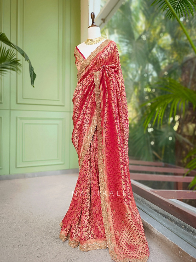 Image of Kavira Red Saree with Zari Embroidered Border