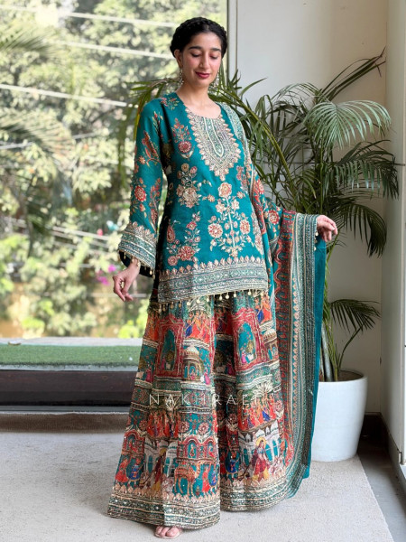 Shahi Gini Teal Green Sharara Suit Set with Pichwai Print