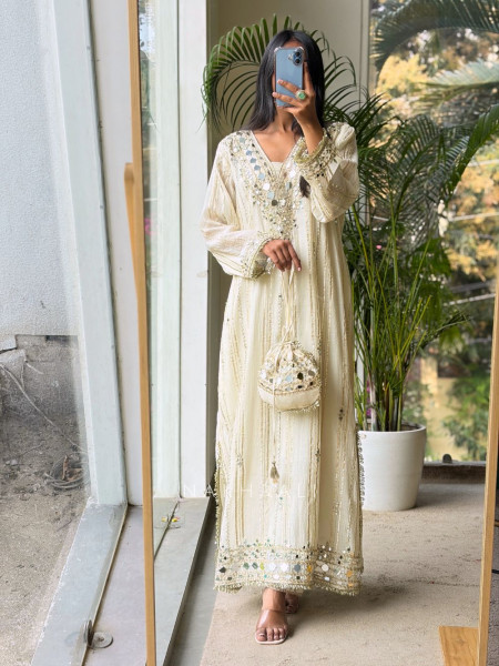 Kivra Cream Pant Kurta Set with Mirror and Thread Work