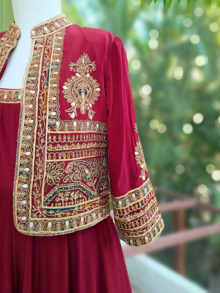 Vrishka Maroon Anarkali Set with Embroidered Jacket