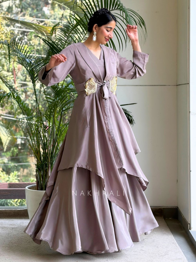 Image of Avelora Brown Indo-Western Layered Set with Embellished Bow Detail