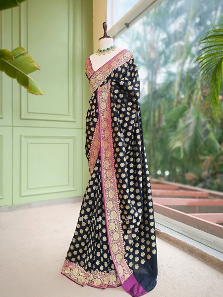 Obsidian Rose Black Banarasi Silk Blend Saree