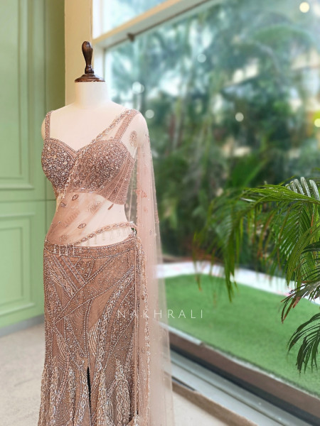 Cressida Beige Net Indo-Western Fishtail Lehenga Set