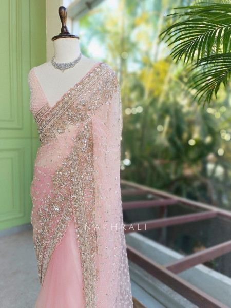 Starlit Pink Net Saree with Cut Dana Bead and Sequin Work