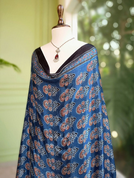 Iraaya Blue Modal Silk Dupatta with Ajrakh Print and Zari Accents