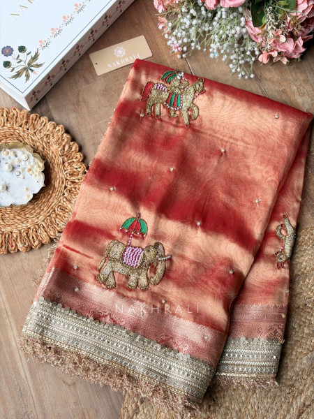 Rajvanya Copper Rose Banarasi Katan Tissue Silk Saree