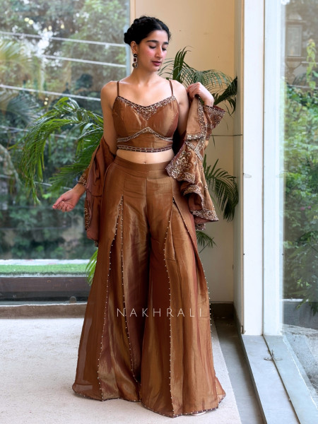 Enchanted Brown Metallic Tissue Silk Indo-Western Palazzo Set