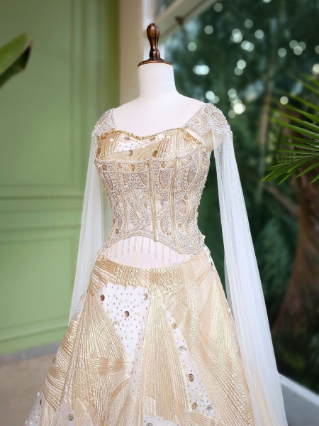 Arshiya Cream Indo-Western Lehenga with Beads and Cut Dana Work