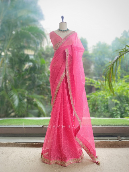Gulika Rani Pink Viscose Organza Bandhani Saree