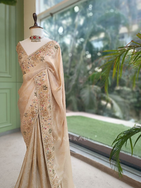 Varnikaa Cream Tissue Saree with Multicolor Resham & Zardozi Embroidery