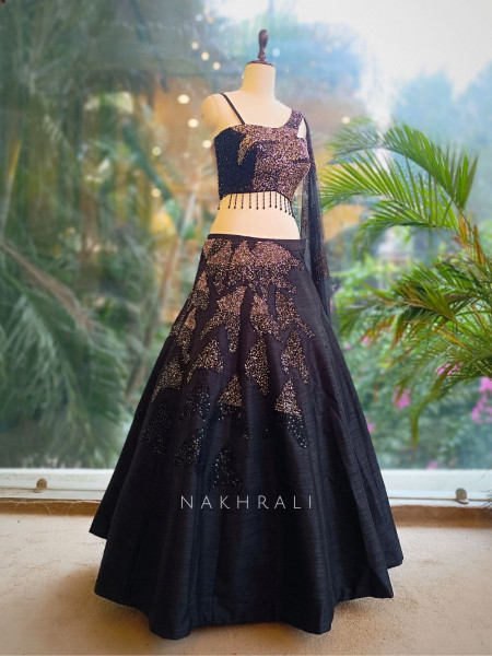 Twilight Dusk Black Sequin Embroidered Crop Top Skirt Set