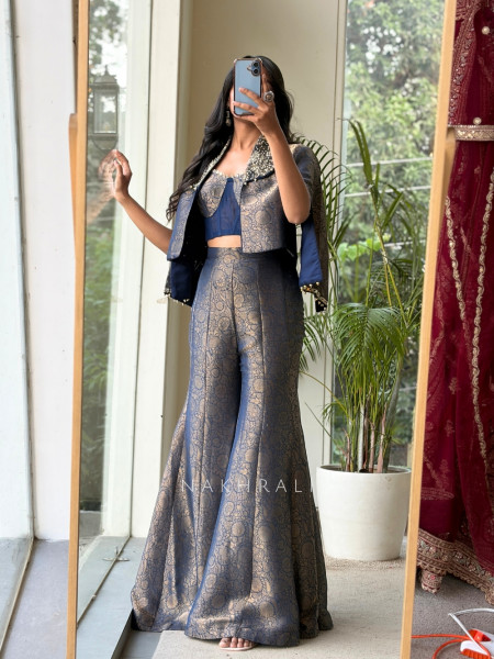 Vesper Blue Metallic Brocade Split-Sleeve Indo-western