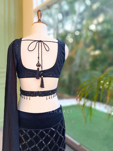 Shadow Fish-Cut Dark Navy Blue  Shimmer Metallic Georgette Silk Indo-Western Lehenga