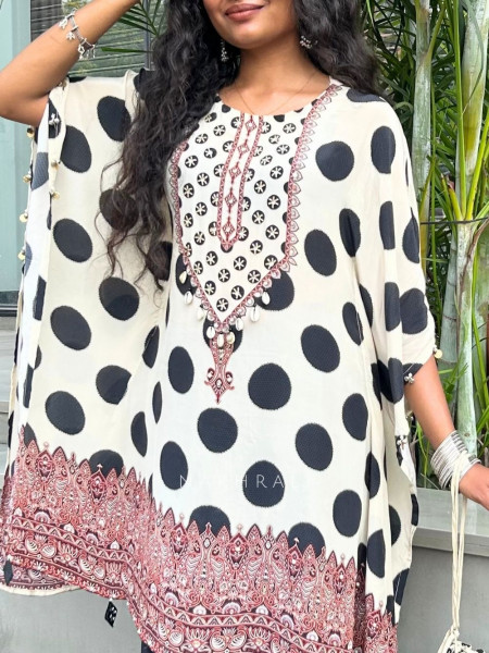 Dot-Dot Cream & Black Modal Satin Kaftan Set Polka Dot, Cowrie & Coin Detail