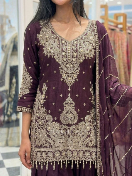 Nirali Wine Dhoti Pant Suit Set with Detailed Embroidery