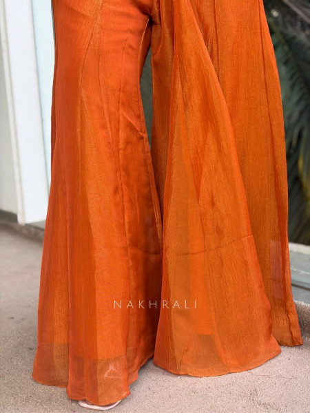 Citrine Ember Orange Crop Top Palazzo Set with Embroidered Jacket