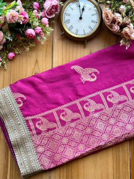Tavira Purple Saree with Broad Border and Unstitched Blouse Piece