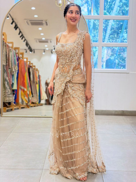 Chantilly Pearl Beige Corset Drape Saree